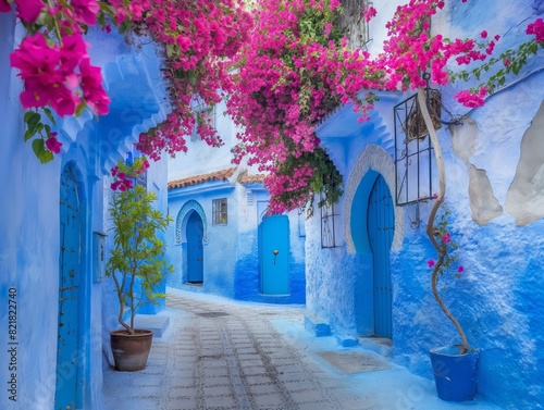 Vivid blue walls with pink flowers in a charming Moroccan alley © cherezoff