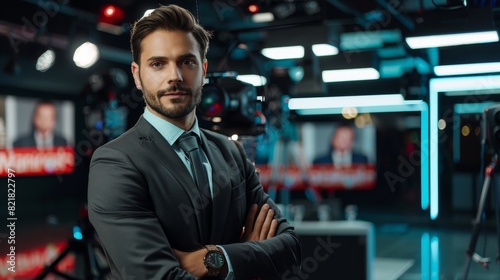 A Late Night TV Talk Show Live News Program featured a charismatic male anchor presenting the news. An anchor man at a television cable channel hosts an anchorman's talk show. A mockup video of a