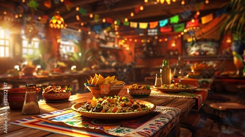 A vibrant restaurant filled with an array of colorful Mexican dishes on a rustic wooden table  surrounded by a festive atmosphere. 