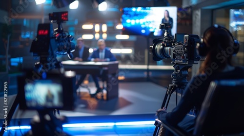 A mock-up television studio features two professional presenters discussing topics such as news, politics, science, celebrity, entertainment, and a cable channel host interviewing guests. photo