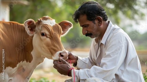 Indian man giving medicine to cow