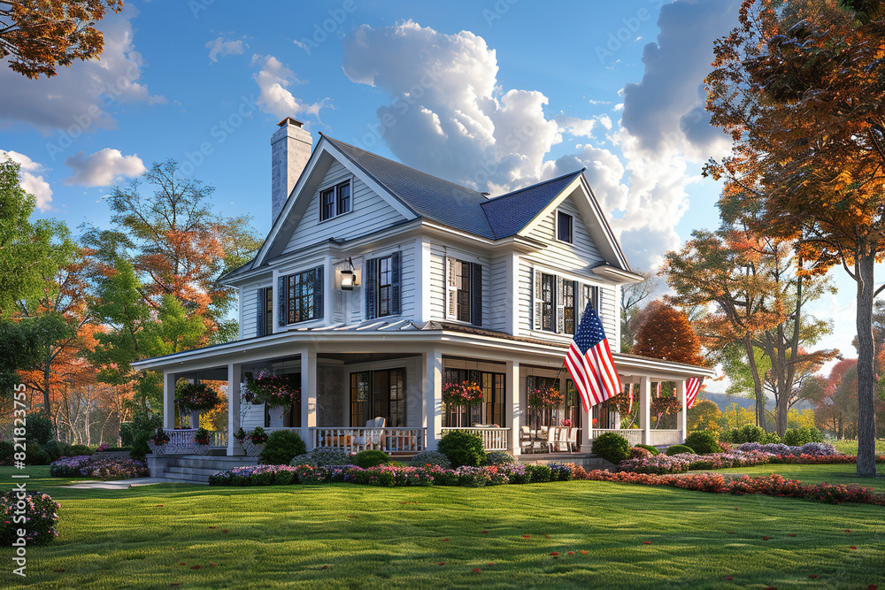 Obraz premium A beautiful two-story American-style house on a green lawn with a usa flag. Generated by artificial intelligence