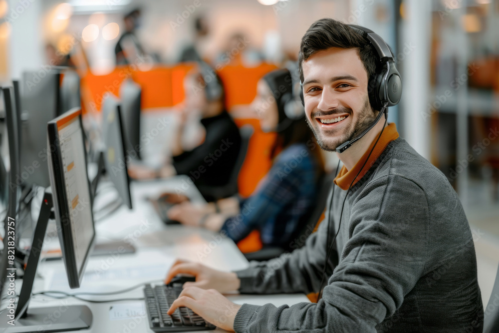 A smiling male call center agent, wearing headphones, sits at his desk in an office setting, using the computer to offer customer service support, with other team members working in the background.