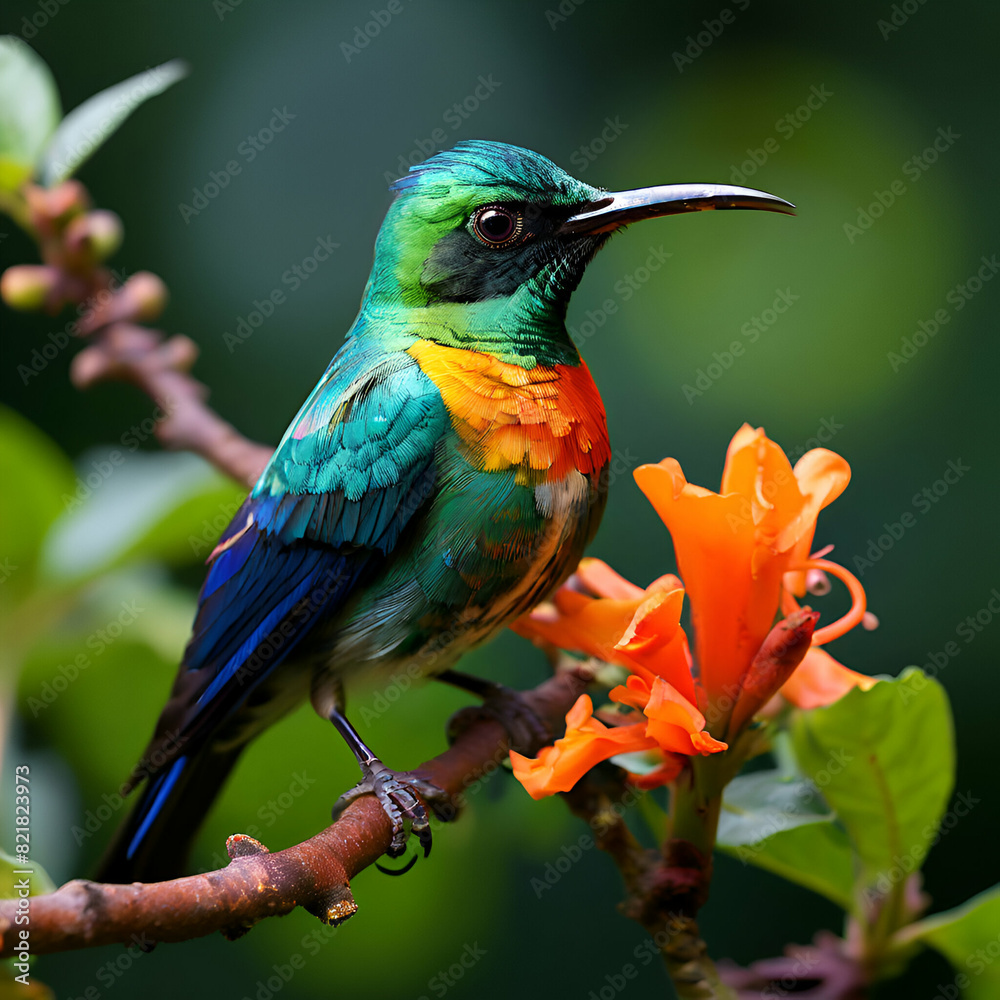 Fototapeta premium a beautiful sunbird,Closeup shot of a Crimson sunbird perched on a flower,