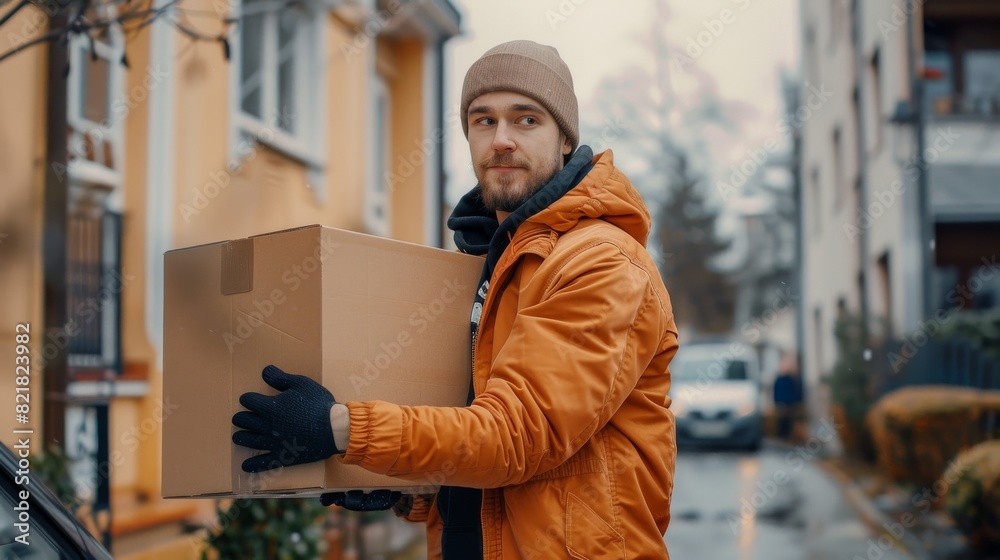 A young man working in delivery services carrying a cardboard box from a white delivery vehicle to a homeowner.