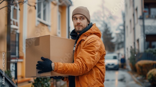 A young man working in delivery services carrying a cardboard box from a white delivery vehicle to a homeowner.