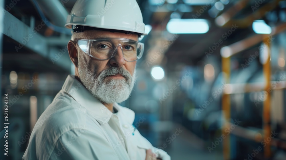 An old, successful male engineer in white hardhat and safety glasses walking through an electronics manufacturing factory. Heavy industry specialist posing for the camera. Low angle shot. An old, successful male engineer in white hardhat and safety glasses walking through an electronics manufacturing factory. Heavy industry specialist posing for the camera. Low angle shot.