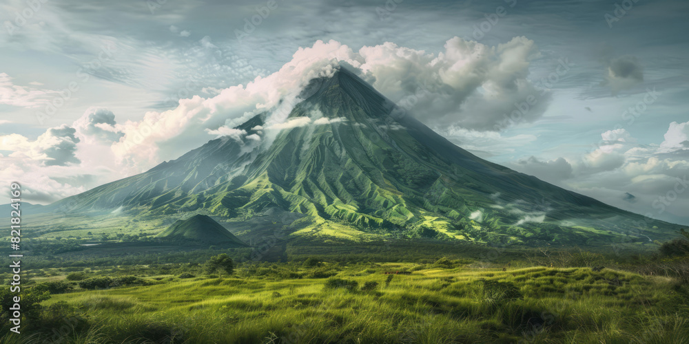 A volcano, covered with lush green grass and surrounded by thick clouds, stands like an elongated pyramid against the sky. A volcano, covered with lush green grass and surrounded by thick clouds, stands like an elongated pyramid against the sky.