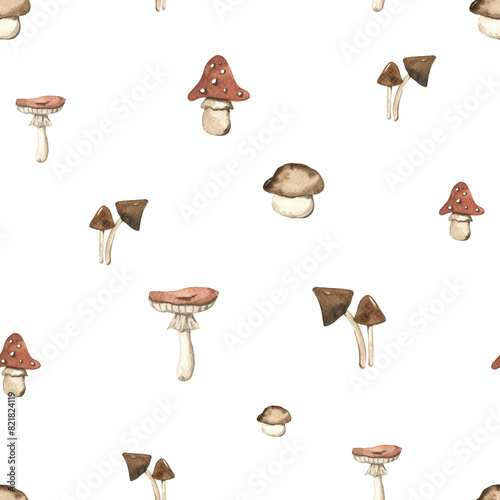 Watercolor seamless pattern with forest mushrooms, fly agaric, porcini mushroom for nurseries, print for children, wrapping, wallpaper and texture, boho style