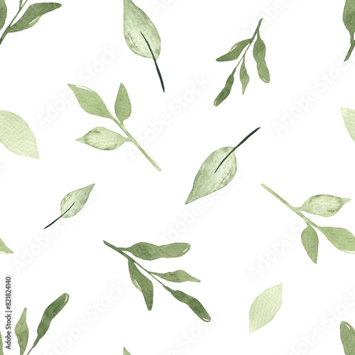 Watercolor floral pattern with leaves, foliage, for cute nursery, print with leaves and plants for kids, wallpaper and texture