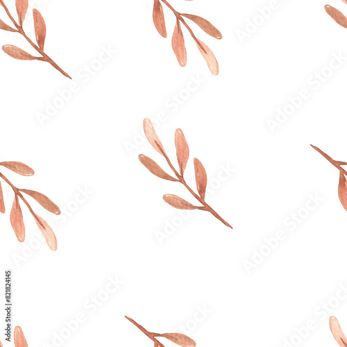 Watercolor floral pattern with red leaves for cute nursery, leaves and plants print for kids, wallpaper and texture, boho style
