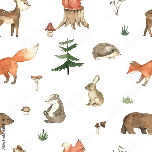 Watercolor seamless pattern with cute forest animals for nurseries, print for children, wallpaper and texture, boho style