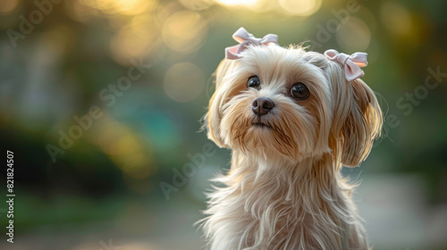 A Shih Tzu with long hair and pink bows stands against a blurred green backdrop, looking at the camera with big eyes. photo