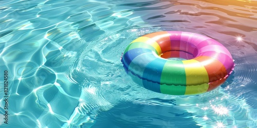 Colorful rainbow inflatable ring floating in a serene swimming pool under sunlight, perfect for summer vacation and relaxation.