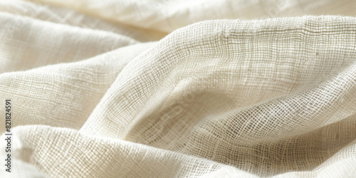 The softness of white linen fabric is showcased in a closeup view against a plain background.