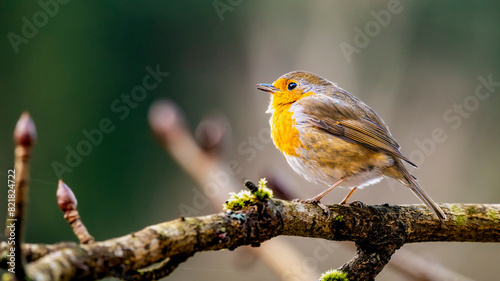 Portrait of robin (Erithacus rubecula) perching on branch photo