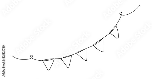 One line flags garland. Celebration party hand drawn elements. Vector continuous outline isolated illustration