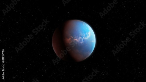 Extrasolar planet in space, realistic Super-Earth. An exoplanet with an ocean on the surface and oxygen in the atmosphere.