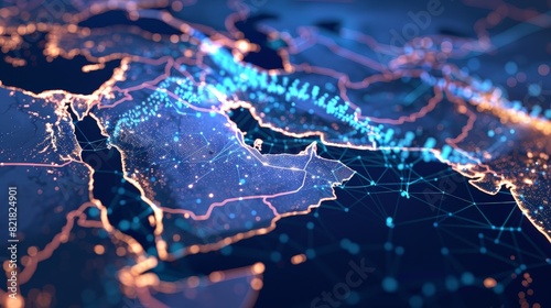 Depicting an abstract map of Saudi Arabia, Middle East, and North Africa, this concept emphasizes global network connectivity, data transfer, and cyber technology, facilitating robust 