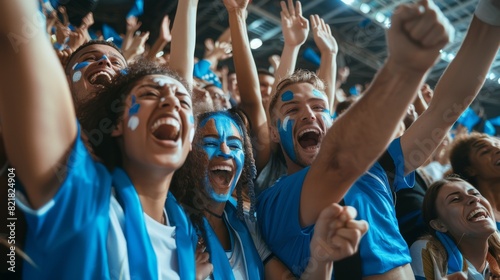 An event at a sports stadium: A group of friends with painted faces cheer for the blue soccer team to win. People celebrate celebrating their goal, championship victory. People come together to have