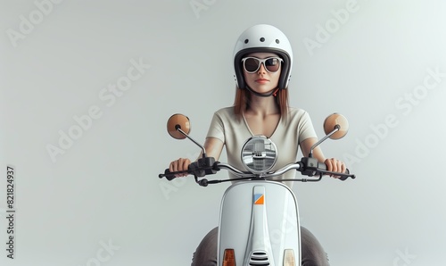 Ragazza che guida uno scooter. su sfondo bianco. photo