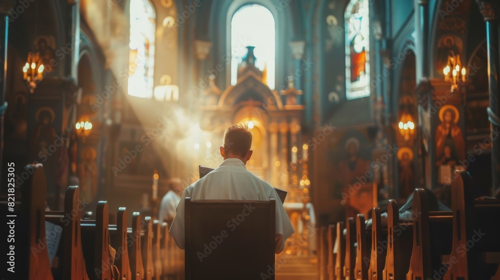 The minister guides his congregation in prayer, reads from the Holy Book, The Bible, the Gospel of Jesus. The priest's portrait gives hope to the faithful people. Dramatic cinematography. The minister guides his congregation in prayer, reads from the Holy Book, The Bible, the Gospel of Jesus. The priest's portrait gives hope to the faithful people. Dramatic cinematography.