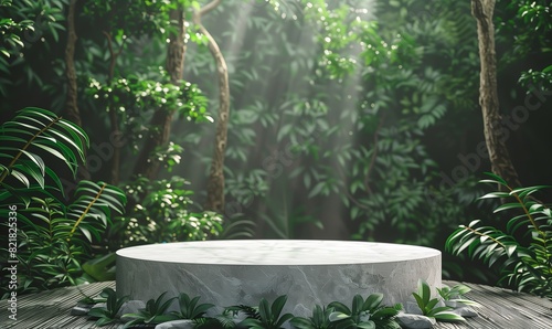 Tropical environment 3D podium background, minimalist 3D podium, environment background, mockup, forest tropical leaves, photo