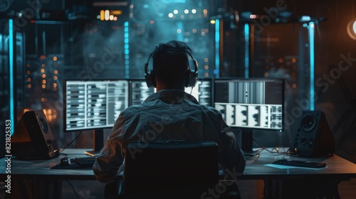 Working in a dark research facility with multiple monitors. Software developer in casual clothes wearing headphones updating a server system database.