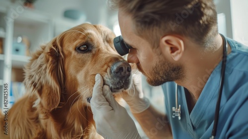 Golden Retriever owner brings his furry friend to a modern veterinary clinic to have his pet checked out with an otoscope and a flashlight. photo