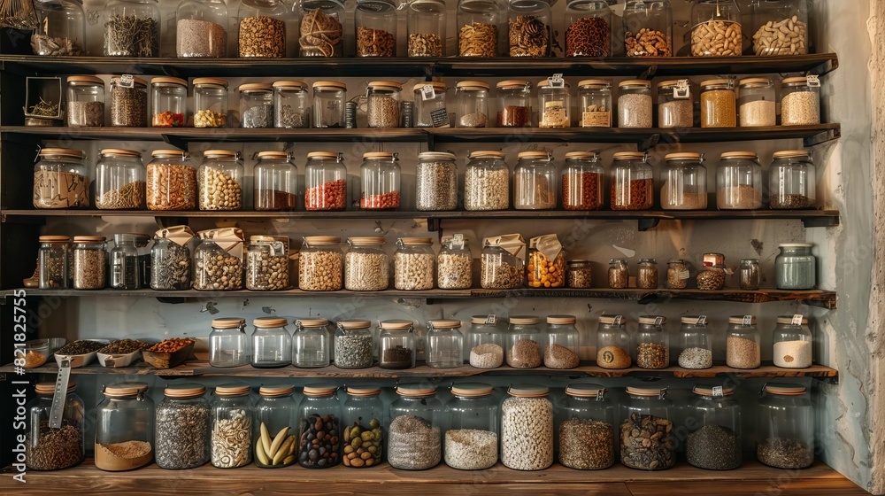 A beautifully organized pantry with shelves of glass jars filled with dry goods, showcasing a zerowaste lifestyle at home A beautifully organized pantry with shelves of glass jars filled with dry goods, showcasing a zerowaste lifestyle at home