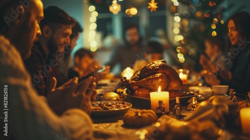 The Christians are thankful to God for providing a delicious turkey roast on Christmas Day. Families and friends are praying and holding hands. The food is blessed before dinner. photo