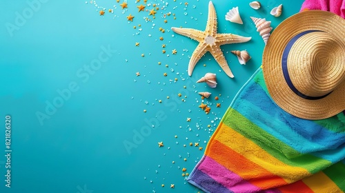 Colorful beach towel, straw hat, starfish, and seashells on a vibrant turquoise background. Summer vacation concept. photo