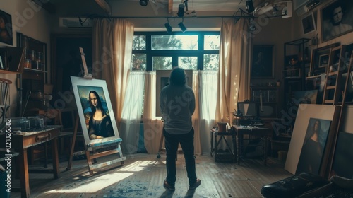 An Enactment Documentary Scene of Leonardo da Vinci Making the First Layer of Shadow in his Masterpiece on Canvas in his Art Workshop. © Антон Сальников