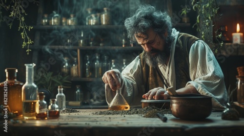 The old apothecary experimented with chemistry and invented a new medication in his laboratory. A Renaissance doctor crafted a healing elixir that would cure diseases