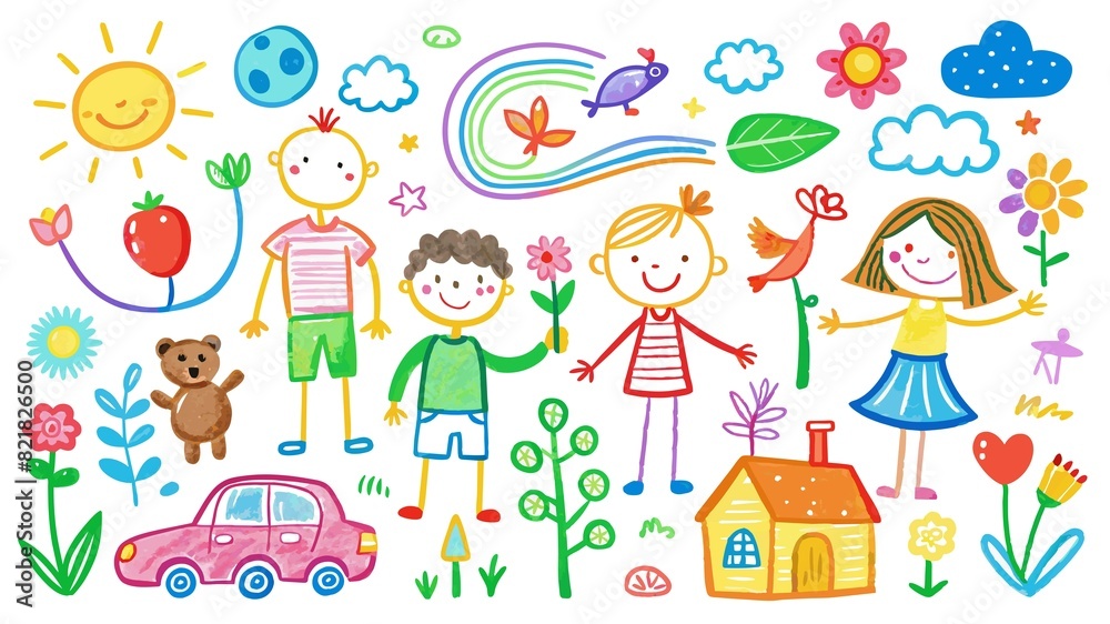 Stick figures embark on an exciting adventure in a child's chalk drawing on a clean white background. Stick figures embark on an exciting adventure in a child's chalk drawing on a clean white background.