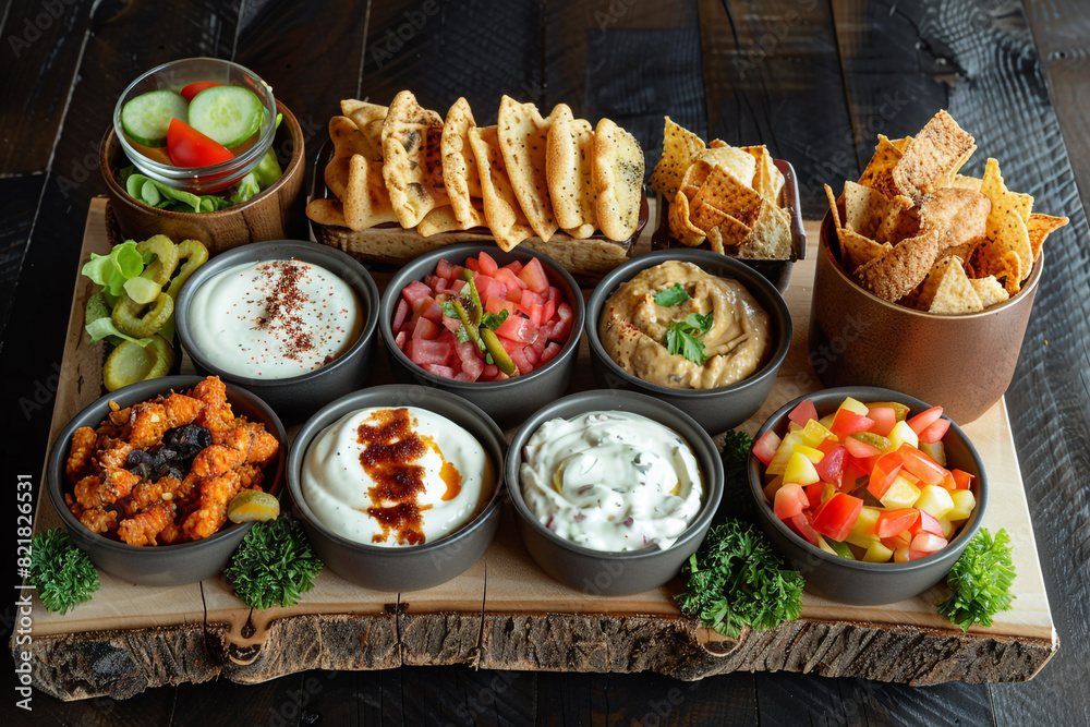 Snack Time, Casual snack time setup with assorted finger foods and dips on a rustic wooden board  