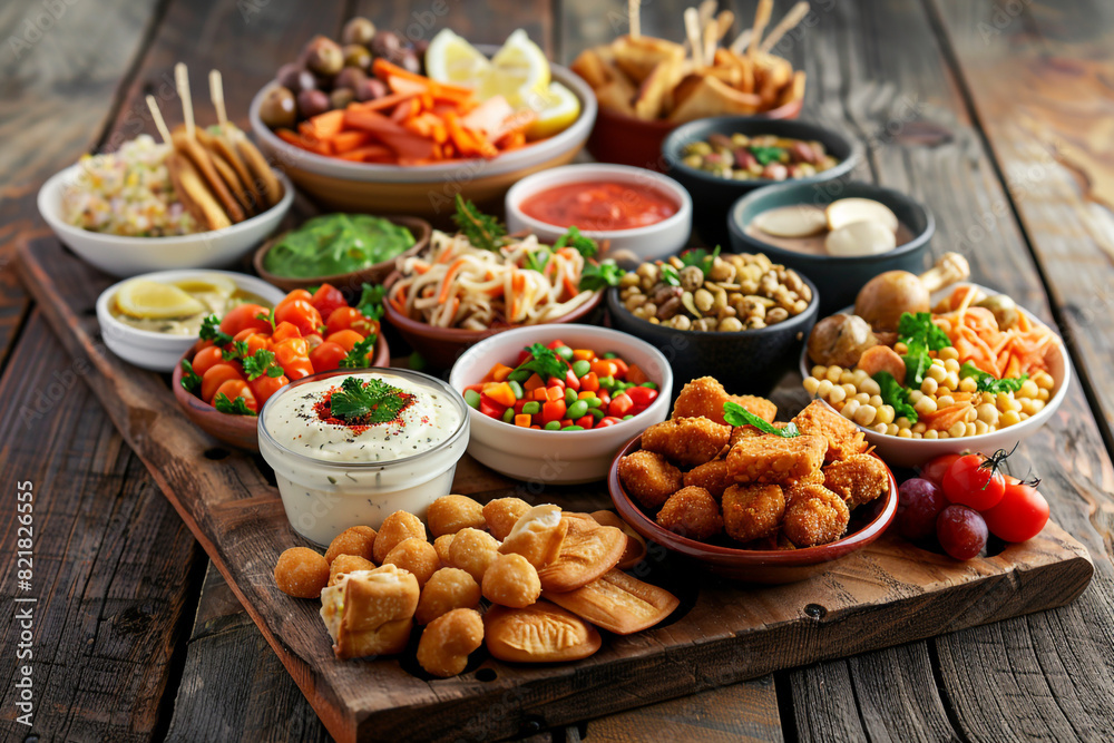 Snack Time, Casual snack time setup with assorted finger foods and dips on a rustic wooden board  
