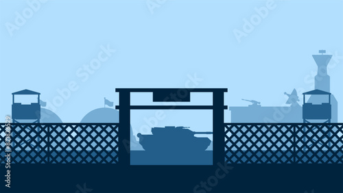 Landscape illustration of military base with tank and watchtower