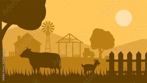 Landscape illustration of farm silhouette with cow and goat