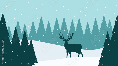 Landscape illustration of a reindeer at pine forest in winter season