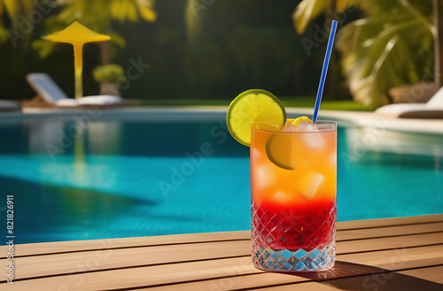 Yellow-Orange cocktail in a glass glass on the background of a summer pool.
