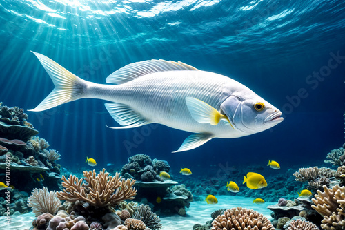 White fish swimming in blue ocean water tropical under water. Scuba diving adventure in Maldives. Fishes in underwater wild animal world. Observation of wildlife Indian ocean. Copy text space photo