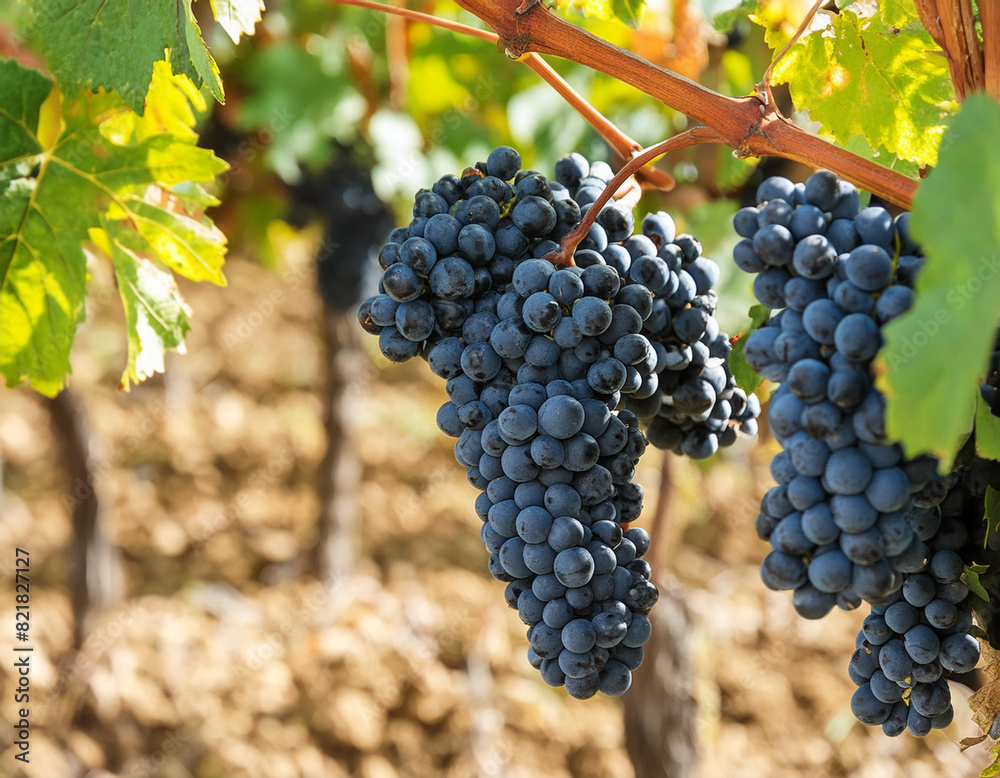 Naklejka premium Close-up of ripe dark grape in vineyard against sunlight on late summer with seelctive focus