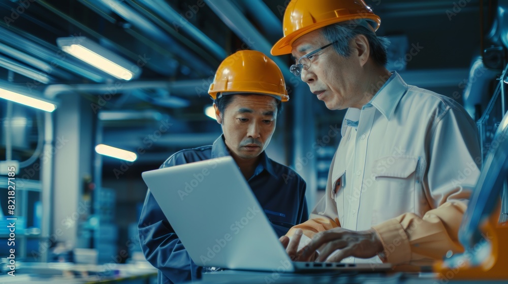 At a modern electronics factory, young technicians and engineers are using laptop computers and conversing. At a modern electronics factory, young technicians and engineers are using laptop computers and conversing.