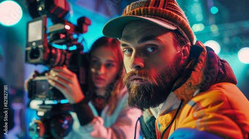 Male cinematographer with beard, wearing a colorful jacket and cap, operates a camera in studio setting with female assistant in background.