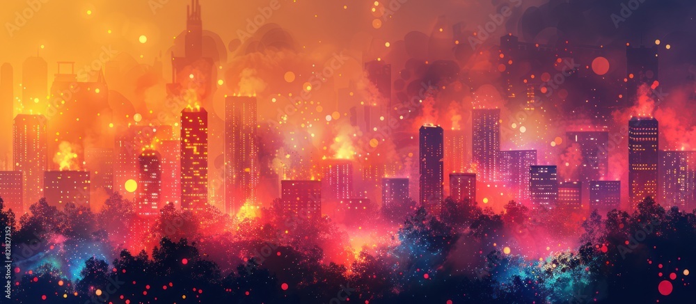 The image shows a city on fire. The sky is orange and the buildings are silhouetted against the flames. The scene is one of terror.