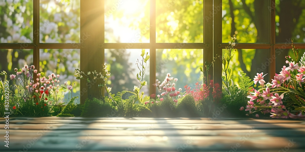 A background with lush green young foliage and flowering branches with an empty wooden table. With an open window in nature. Table with copy space premium photography for advertising product design. A background with lush green young foliage and flowering branches with an empty wooden table. With an open window in nature. Table with copy space premium photography for advertising product design.
