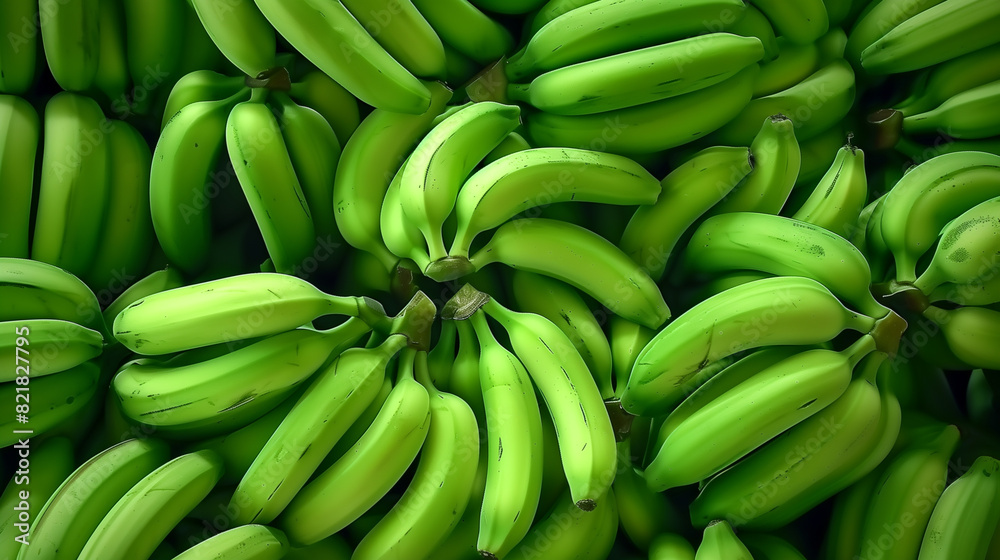 Full frame background or backdrop concept with piles of bananas, abundant harvest of bananas, fresh green bananas.