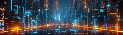 An abstract digital high tech city design for banner background. Modern illustration of urban architecture  cityscape with space and neon light effects. Science and futuristic technology concept.