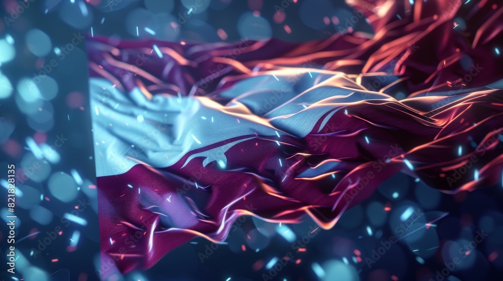 Obraz premium 3D illustration of Qatari flying flag blowing in the wind. Full page Qatari flying flag.